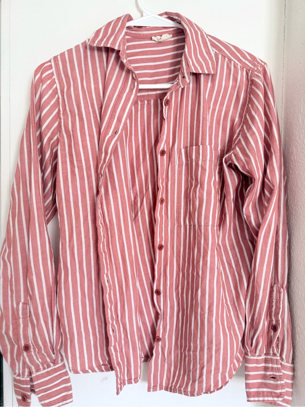 Pact Rust Red and White Striped Button-Down Shirt